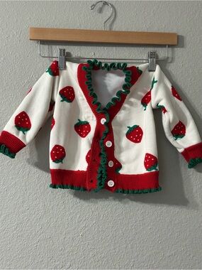 Schoolgirl Strawberry Knit Cardigan Kawaii White & Red Green Ruffles Nostalgia